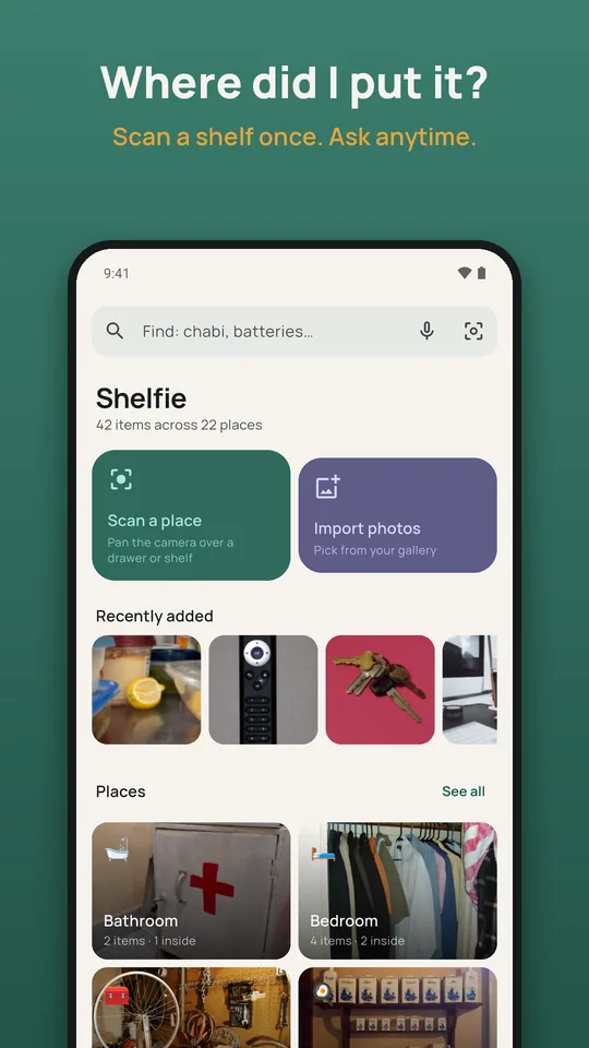 Shelfie home screen: a search bar, Scan a place, and recently added photos
