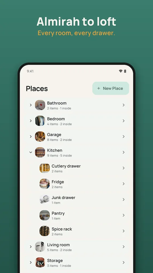 Places list with rooms and the drawers and shelves nested inside them