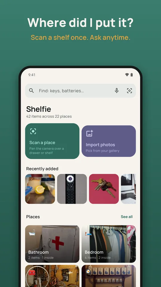 Shelfie home screen: a search bar, Scan a place, and recently added photos