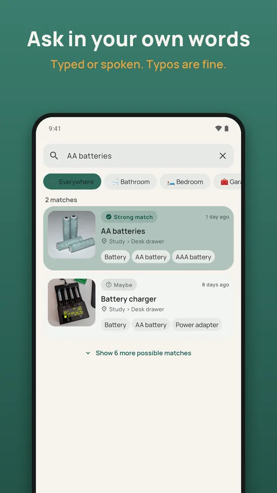 Searching "AA batteries" shows the matching photo and its location