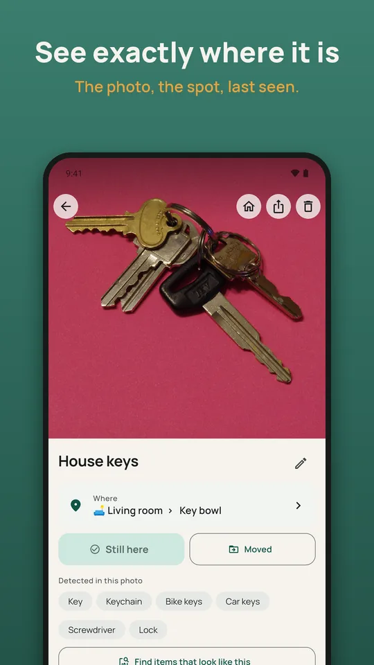 Item page for house keys: the photo, Living room › Key bowl, and Still here / Moved buttons